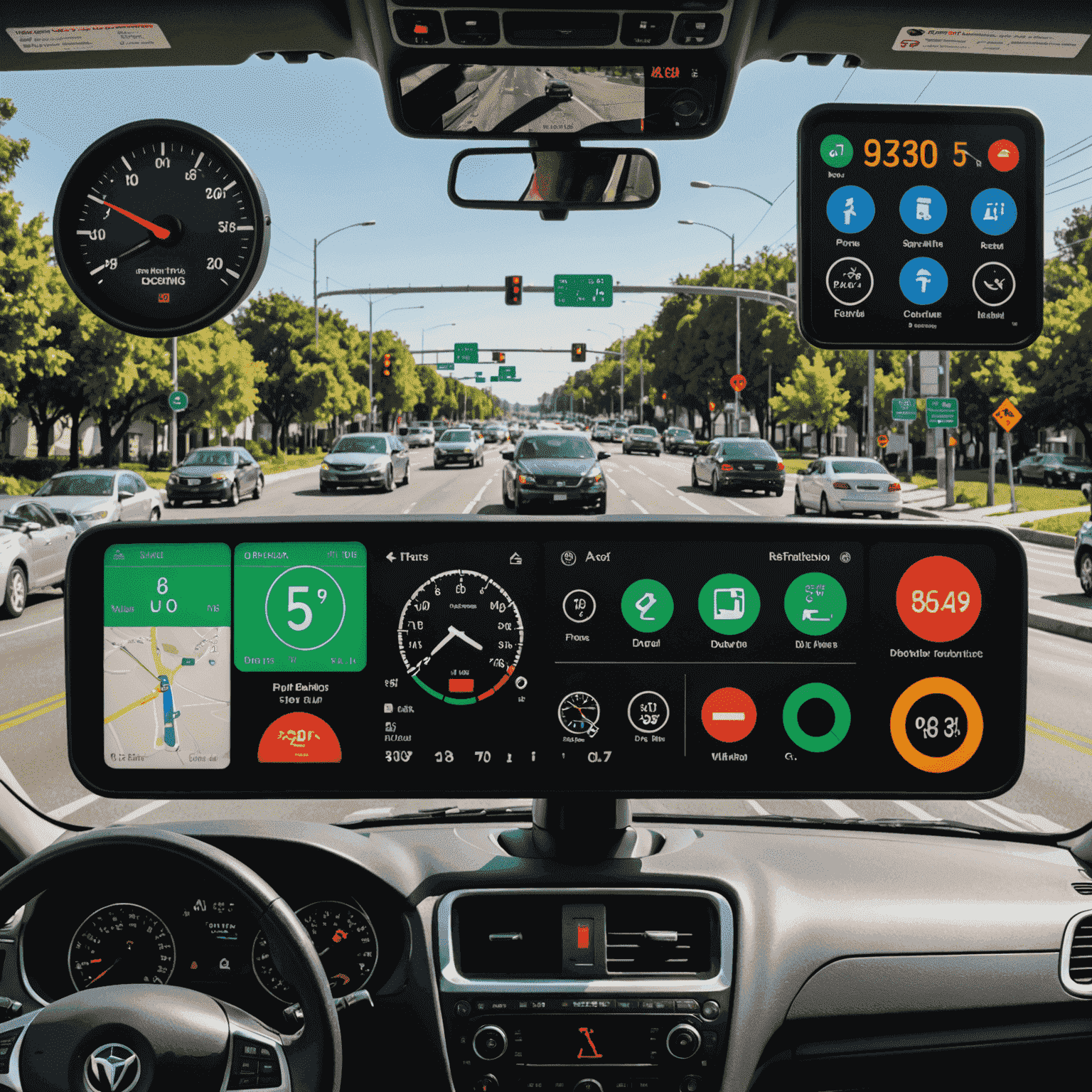 A digital dashboard showing various traffic violations and corresponding fines. The image includes icons representing different types of infractions such as speeding, parking violations, and red light running.