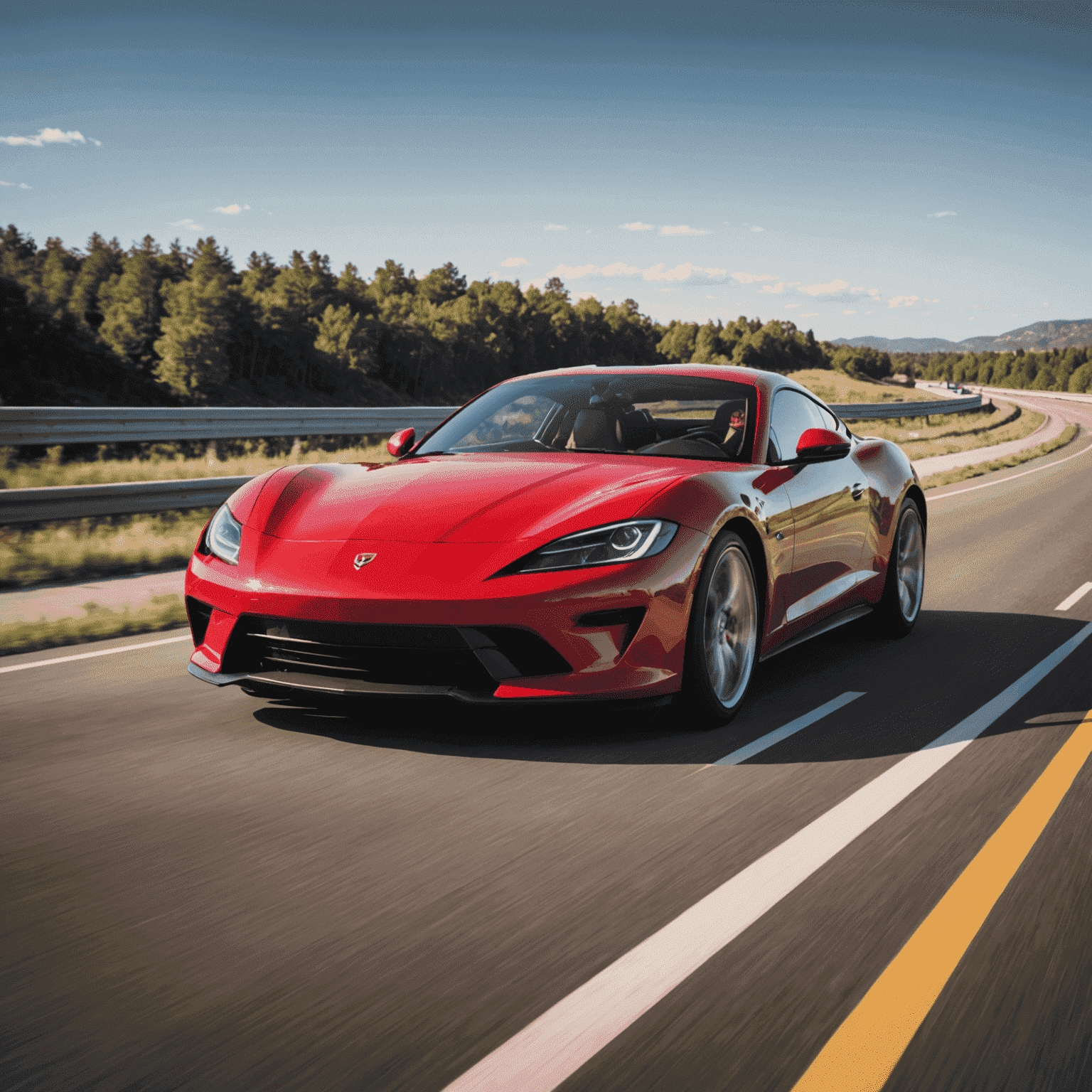 A red sports car speeding on a highway with a speed limit sign visible