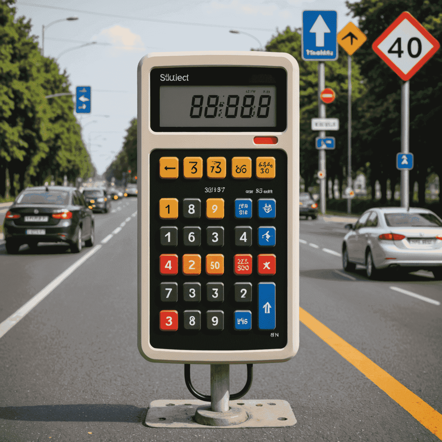 A digital calculator with road signs and fine amounts displayed on its screen, symbolizing the fine calculation process for road transport violations.