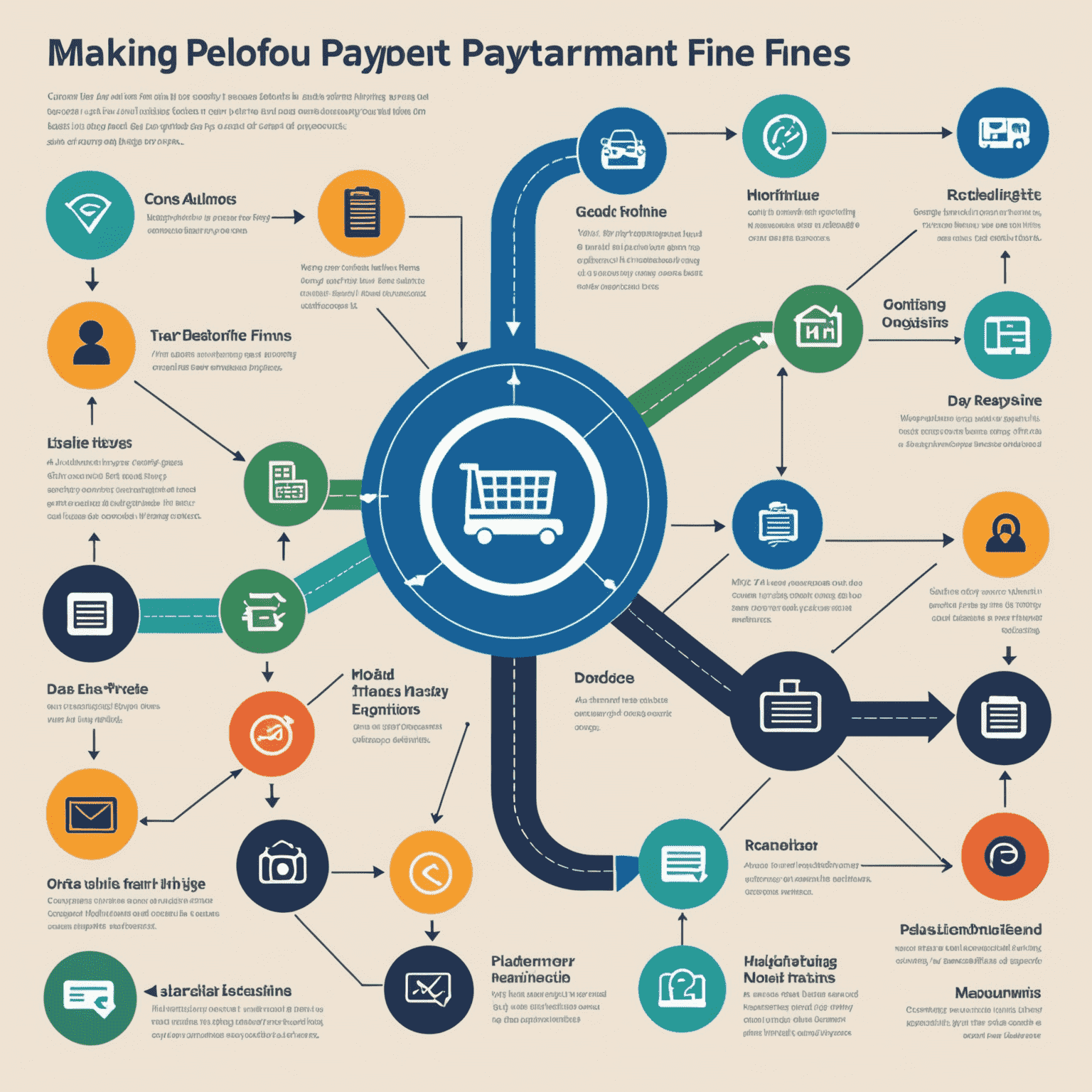 An infographic showing the step-by-step process of making a payment for road transport fines. The image includes icons representing online payment, mail-in options, and in-person payments. It shows a user-friendly flow chart with arrows guiding through each step.