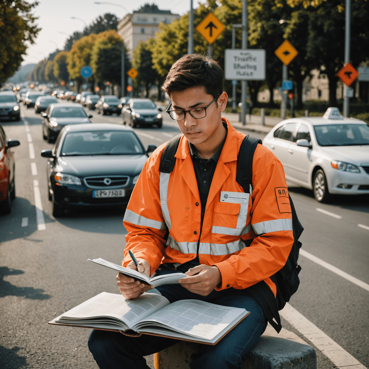 A person studying a traffic rule book, with road signs and symbols visible on the pages. The image conveys the importance of staying informed about traffic regulations.