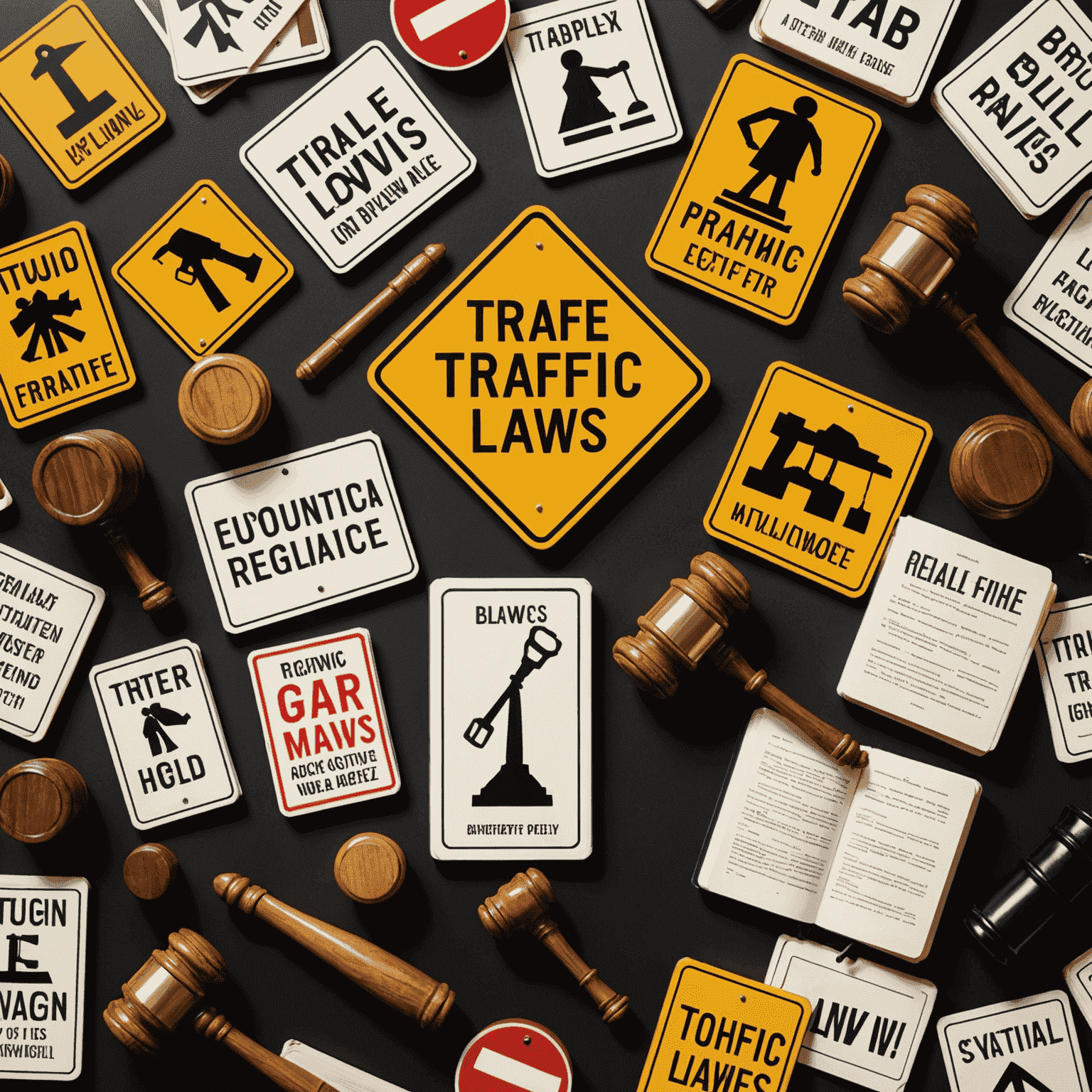 A collage of traffic signs, law books, and a gavel symbolizing traffic laws and regulations