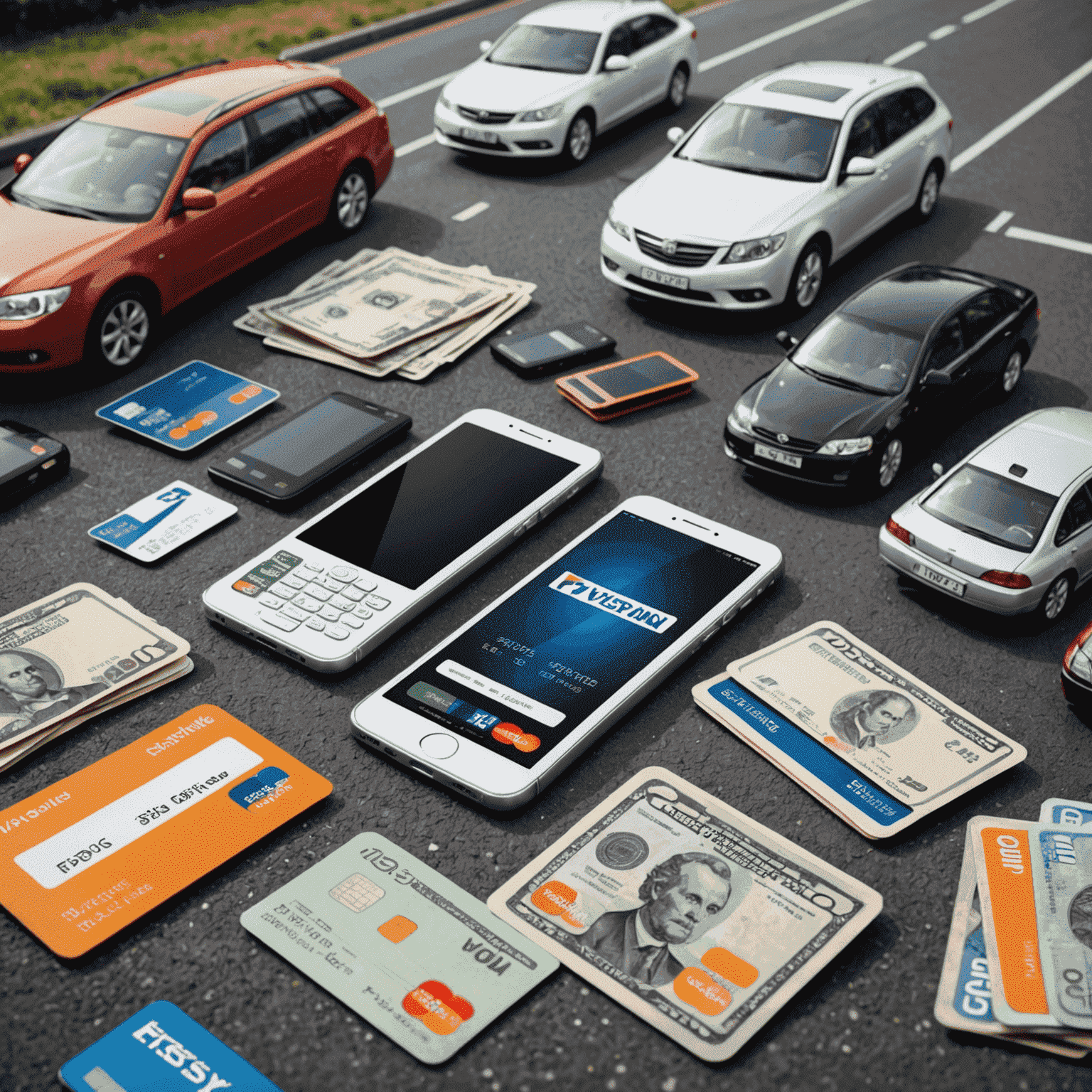 Various payment methods including credit cards, mobile phones, and cash, representing different ways to pay road transport fines.