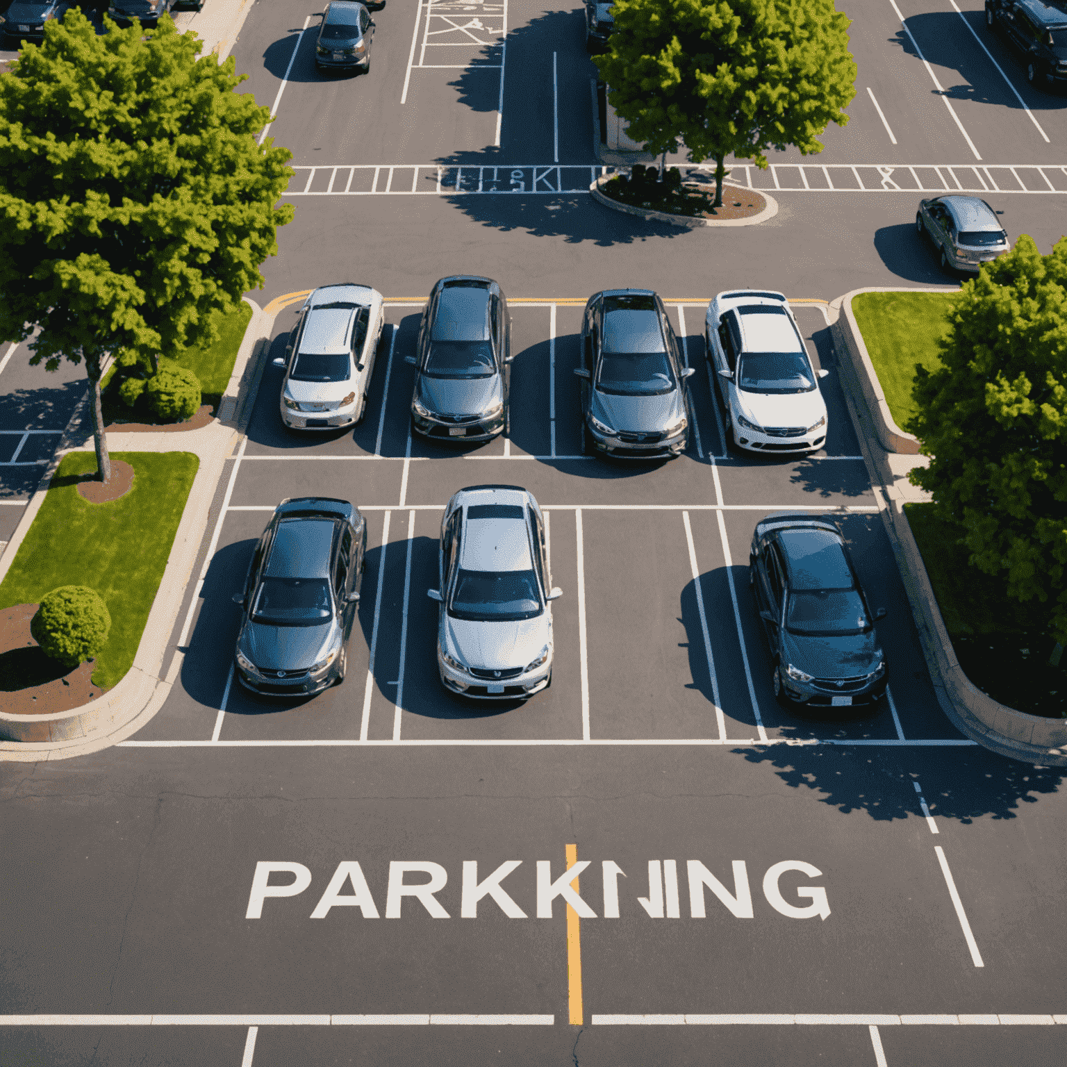 A well-organized parking lot with clear signage indicating parking rules and payment methods. The image highlights the importance of proper parking to avoid fines.