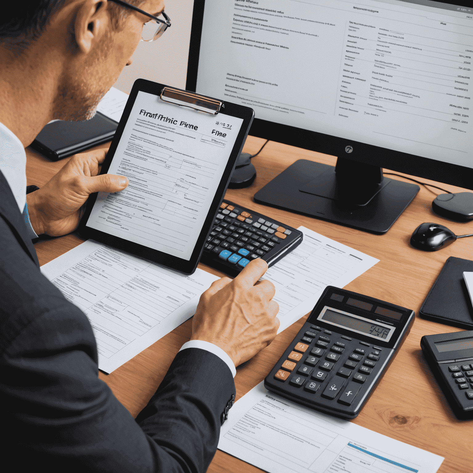 A person reviewing a traffic fine document with a calculator and computer, symbolizing the process of handling road transport fines