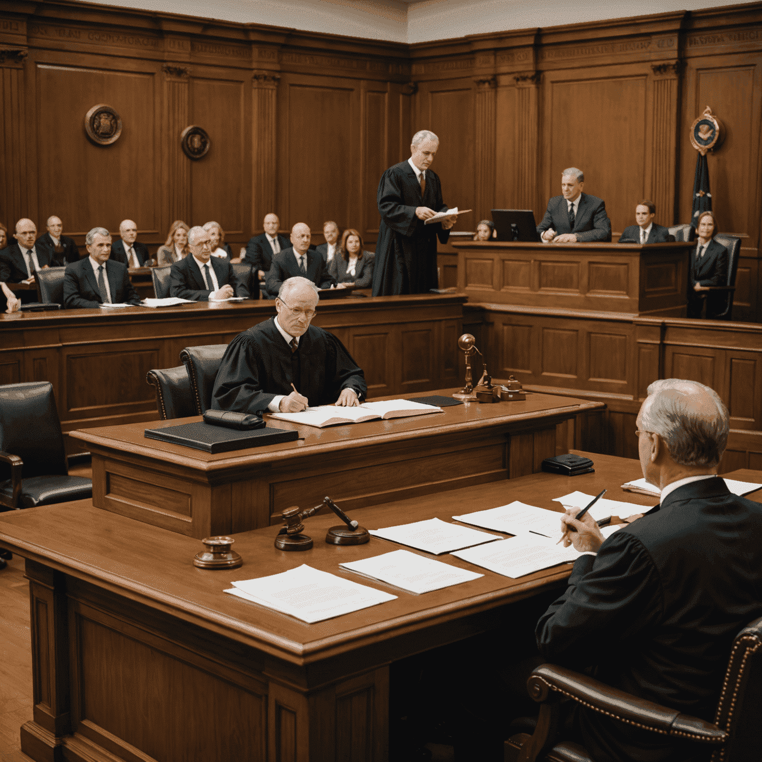 An image depicting a courtroom setting with a judge's gavel, legal documents, and a person presenting evidence. The scene suggests the process of contesting a road transport fine.