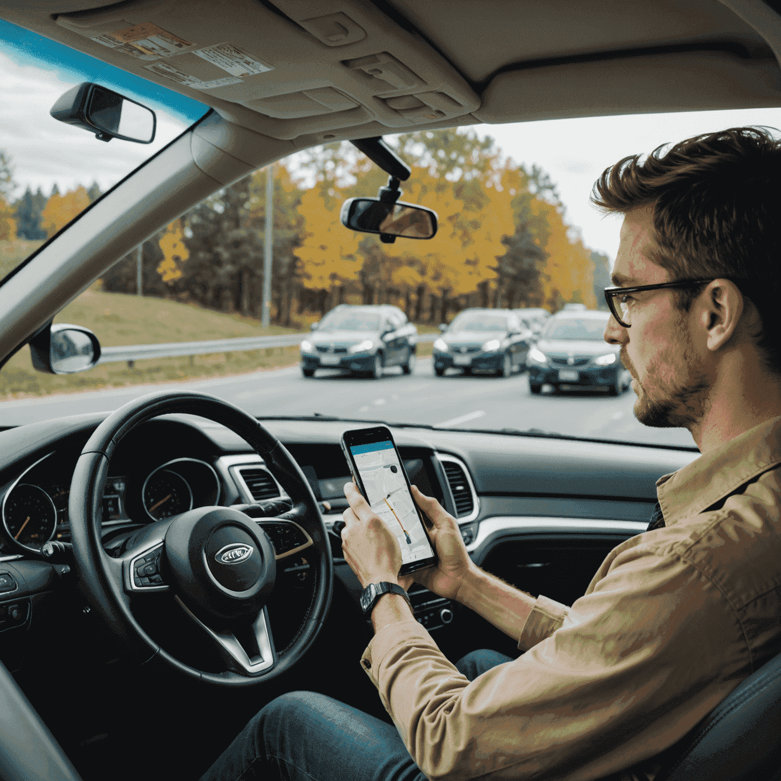 A driver looking at a smartphone while behind the wheel, demonstrating dangerous distracted driving