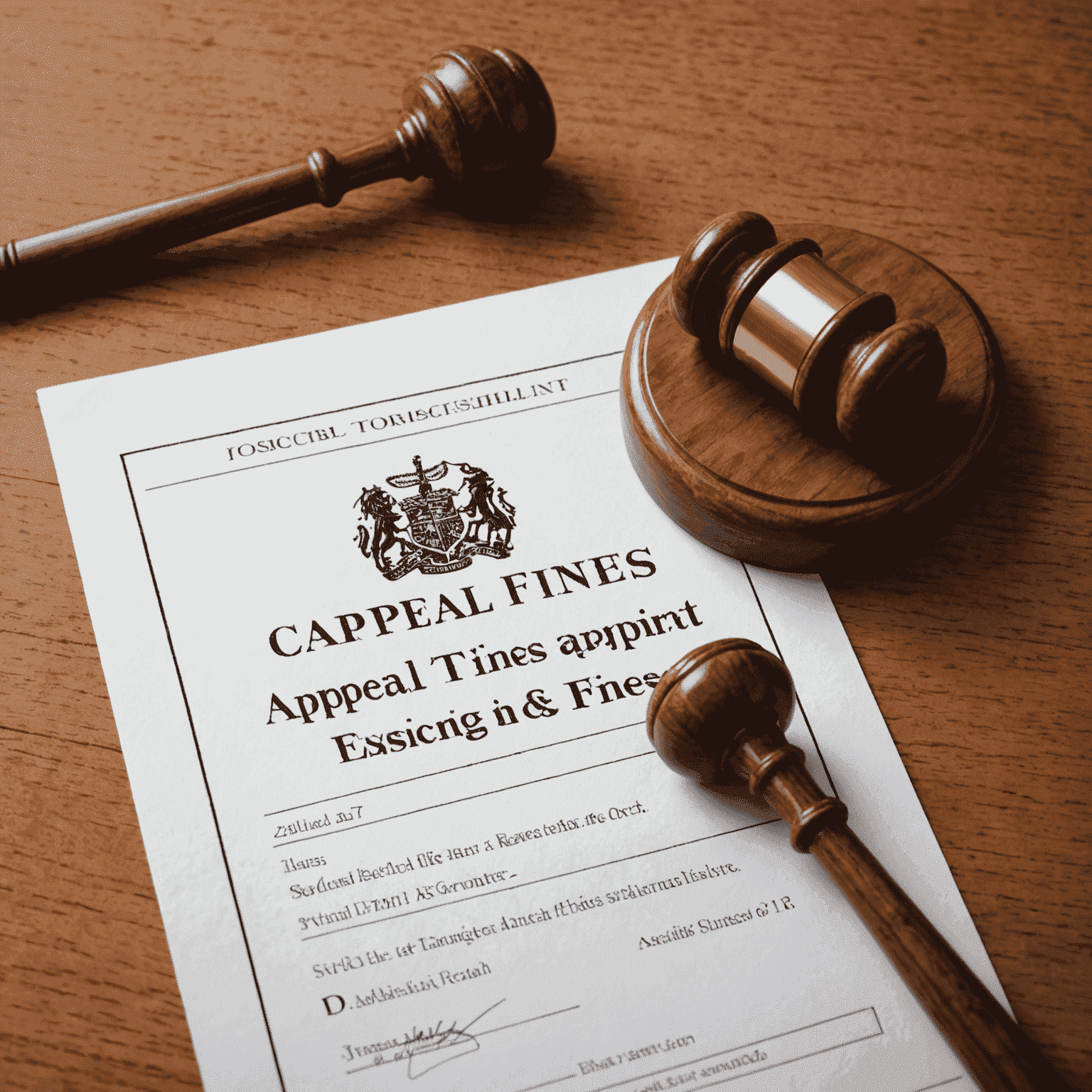 A gavel next to legal documents and a 'Appeal' stamp, illustrating the process of contesting road transport fines.