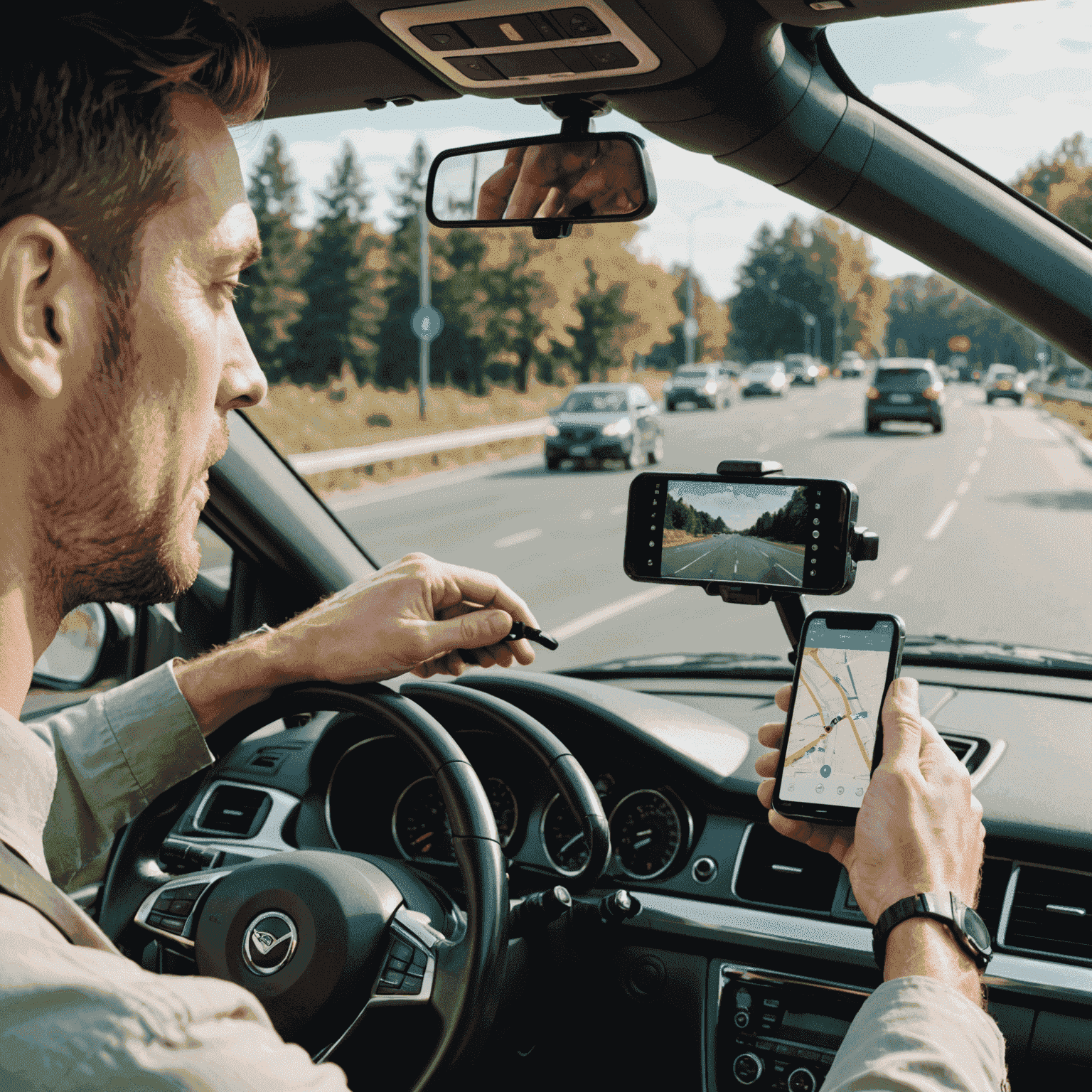 A driver using a hands-free device mounted on the dashboard, demonstrating safe and legal phone usage while driving.