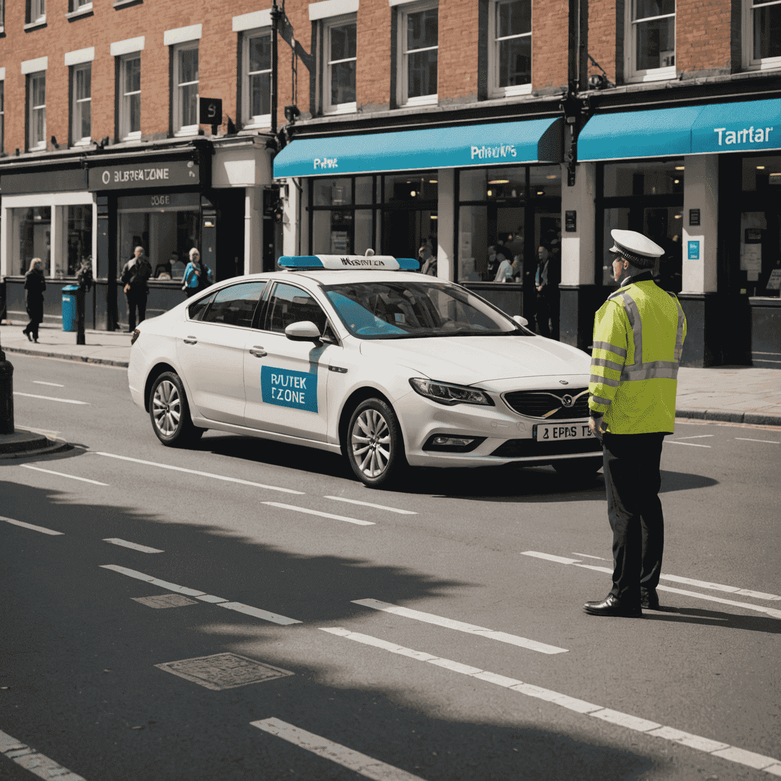 A car parked in a no-parking zone with a traffic warden issuing a ticket