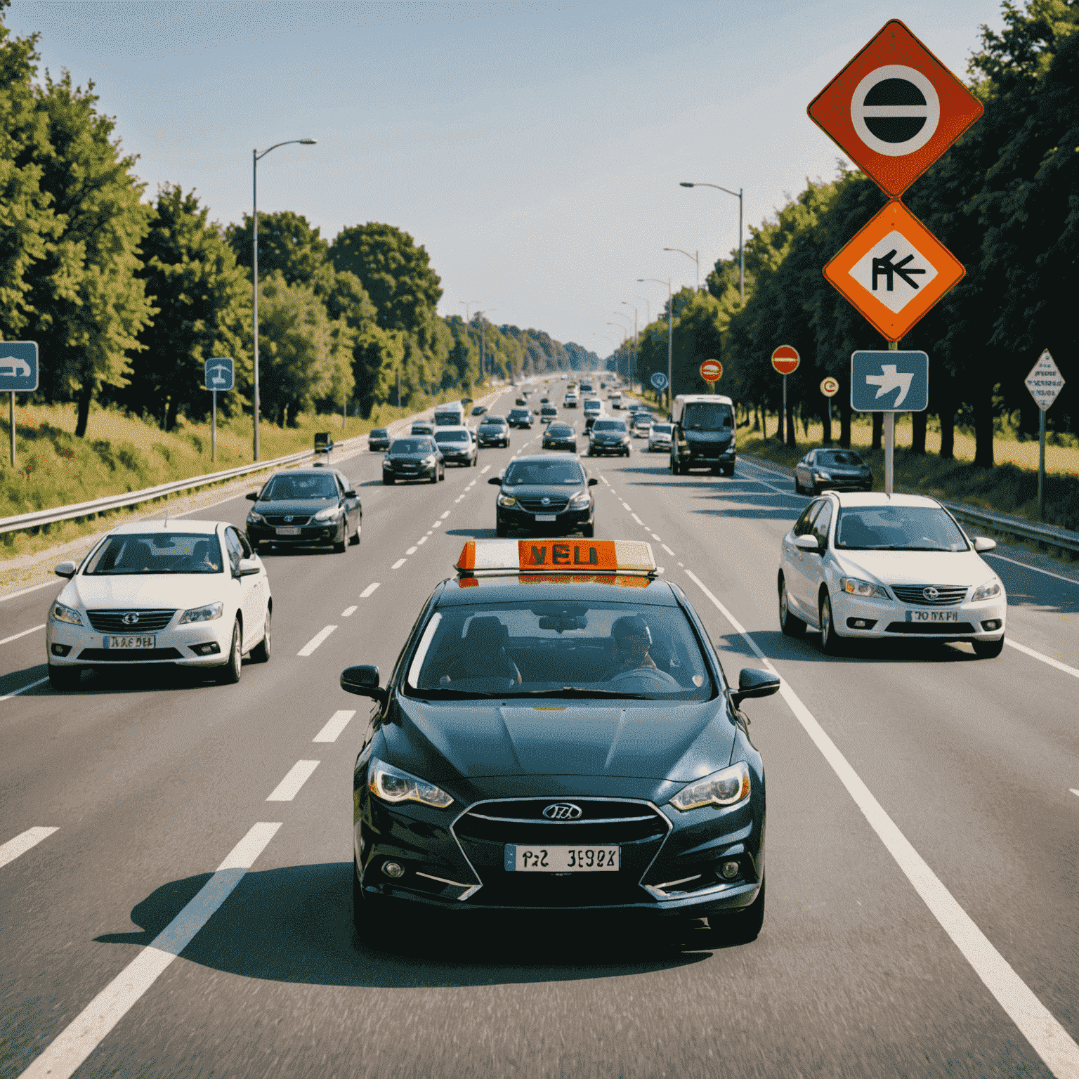 A driver following traffic rules, with road signs and a checklist of safe driving practices, representing tips to avoid fines.