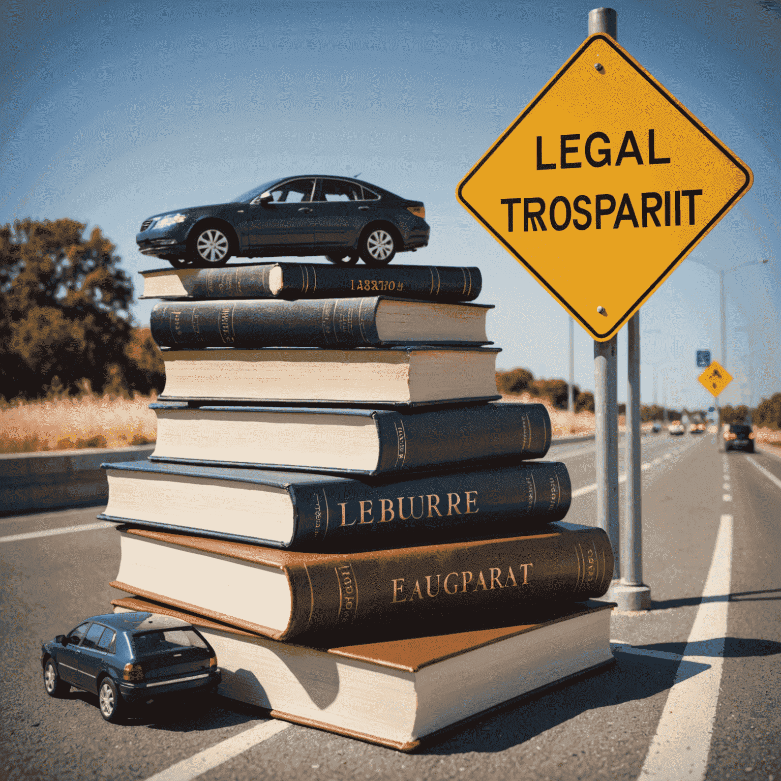 A stack of law books, a computer showing legal database, and a traffic sign, representing legal resources for road transport regulations.